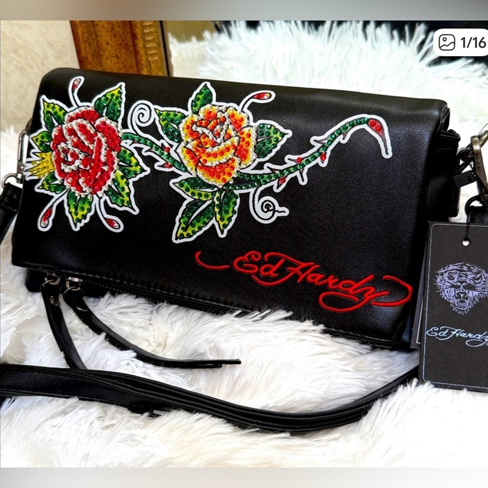 Ed Hardy Black Clutch/Crossbody Bag with Floral Rhinestone embellishments.